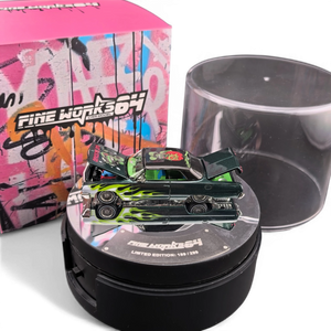 Lot57Supplies Diecast Shop: Emerald green 1:64 scale Chevrolet Impala with flame graphics, opening hood and trunk.