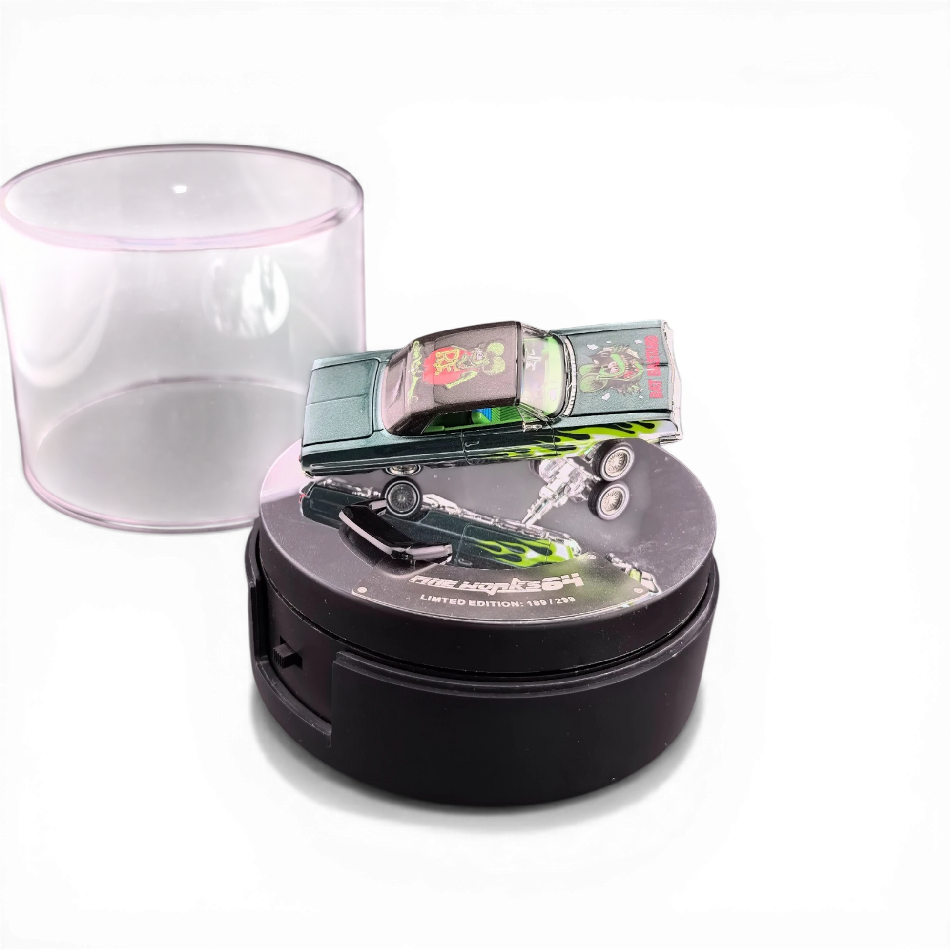 Lot57Supplies Diecast Shop 1:64 scale emerald green diecast Chevrolet Impala West Coast Bouncing Car with Fink Mouse graphics and flames.