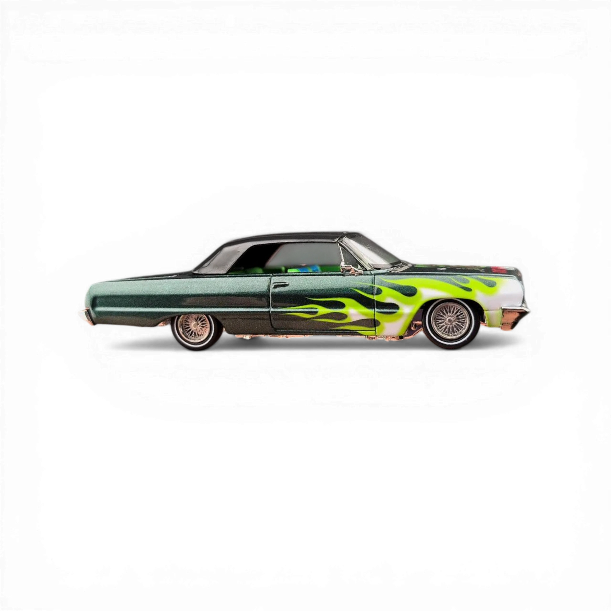 Lot57Supplies Diecast Shop 1:64 scale emerald green 1964 Chevrolet Impala lowrider with green flame graphics and white accents.