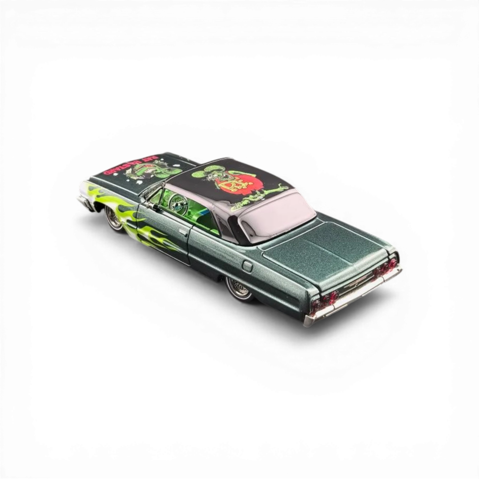 Lot57Supplies Diecast Shop 1:64 scale emerald green Chevrolet Impala with Fink Mouse graphics and green flames.