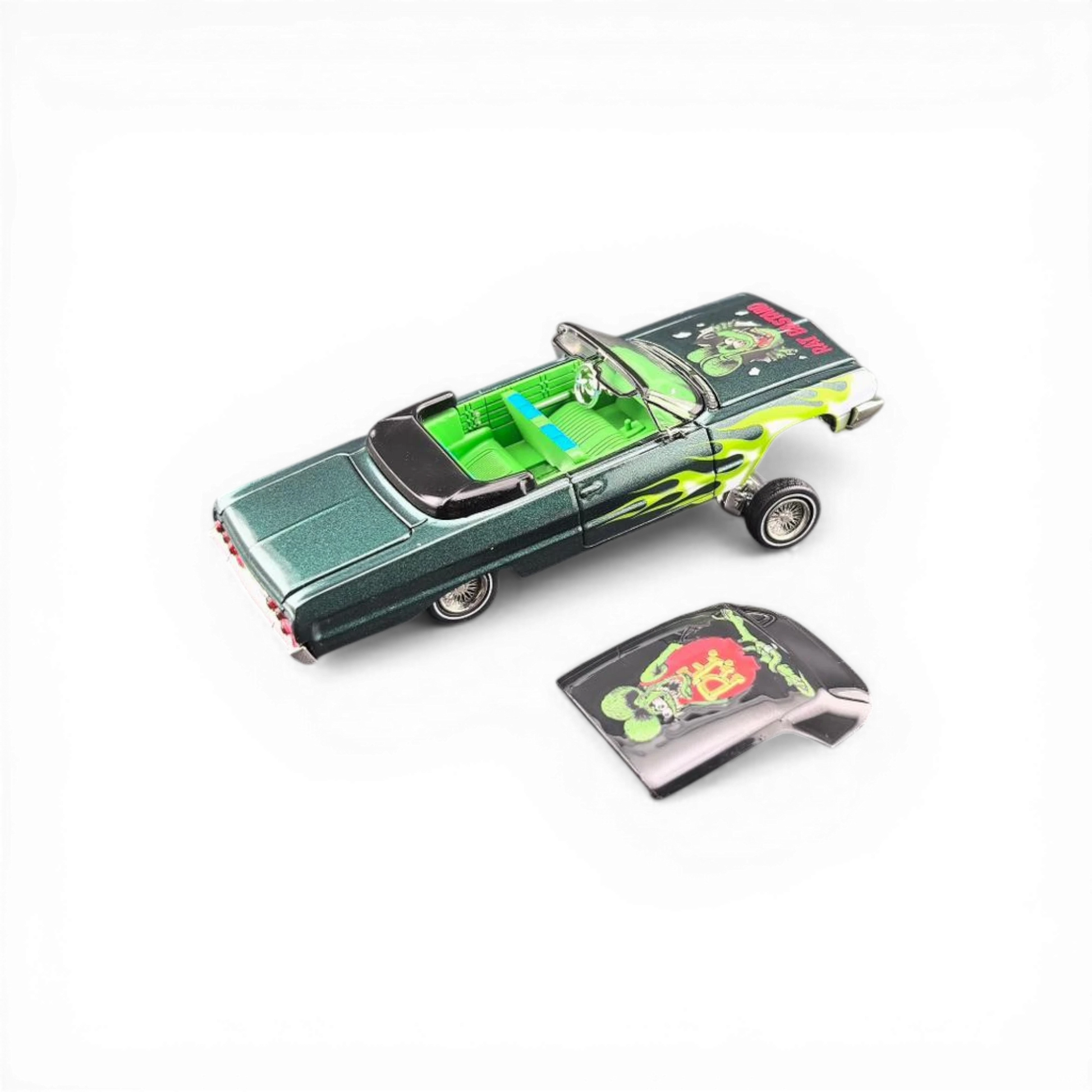 Lot57Supplies Diecast Shop 1:64 scale emerald green Chevrolet Impala convertible with green interior and Rat Fink graphics.