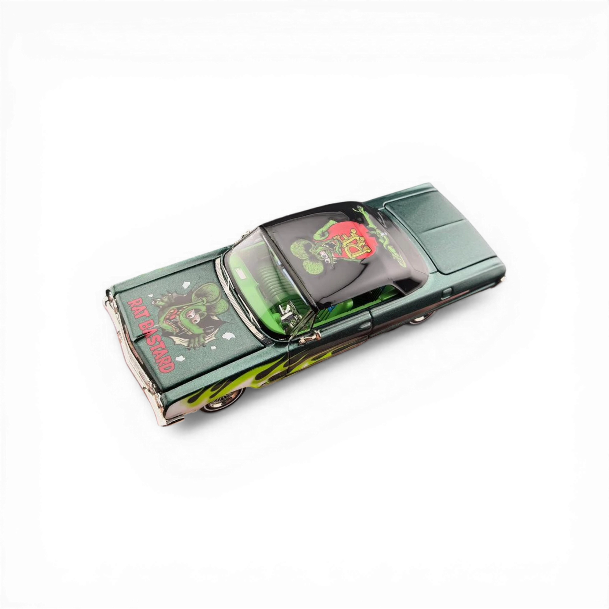 Lot57Supplies Diecast Shop 1:64 scale emerald green Chevrolet Impala with Rat Fink graphics and flame details.