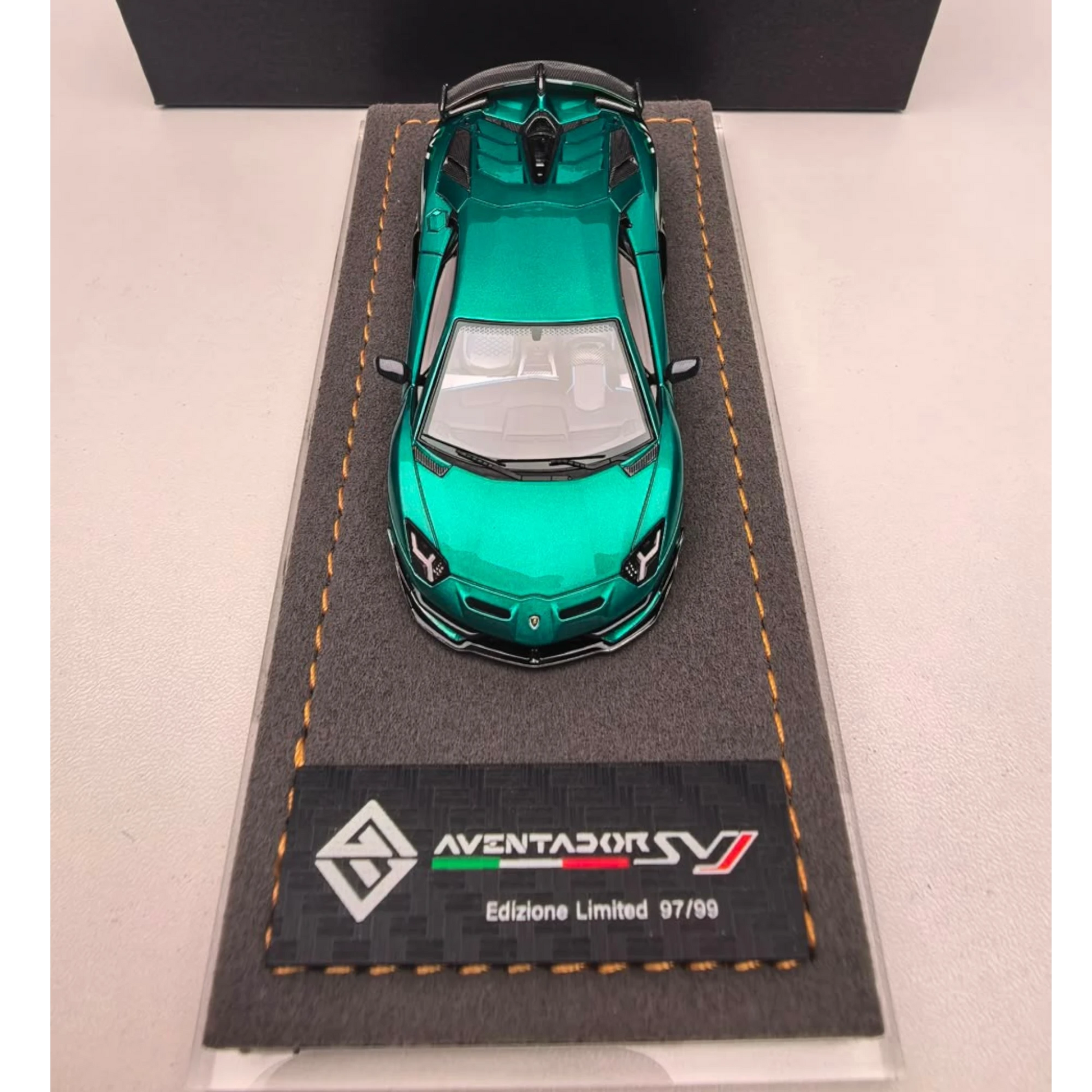 GodWealth Lamborghini Aventador SVJ 1:64 scale resin model in anniversary blue on a display base from Lot57Supplies