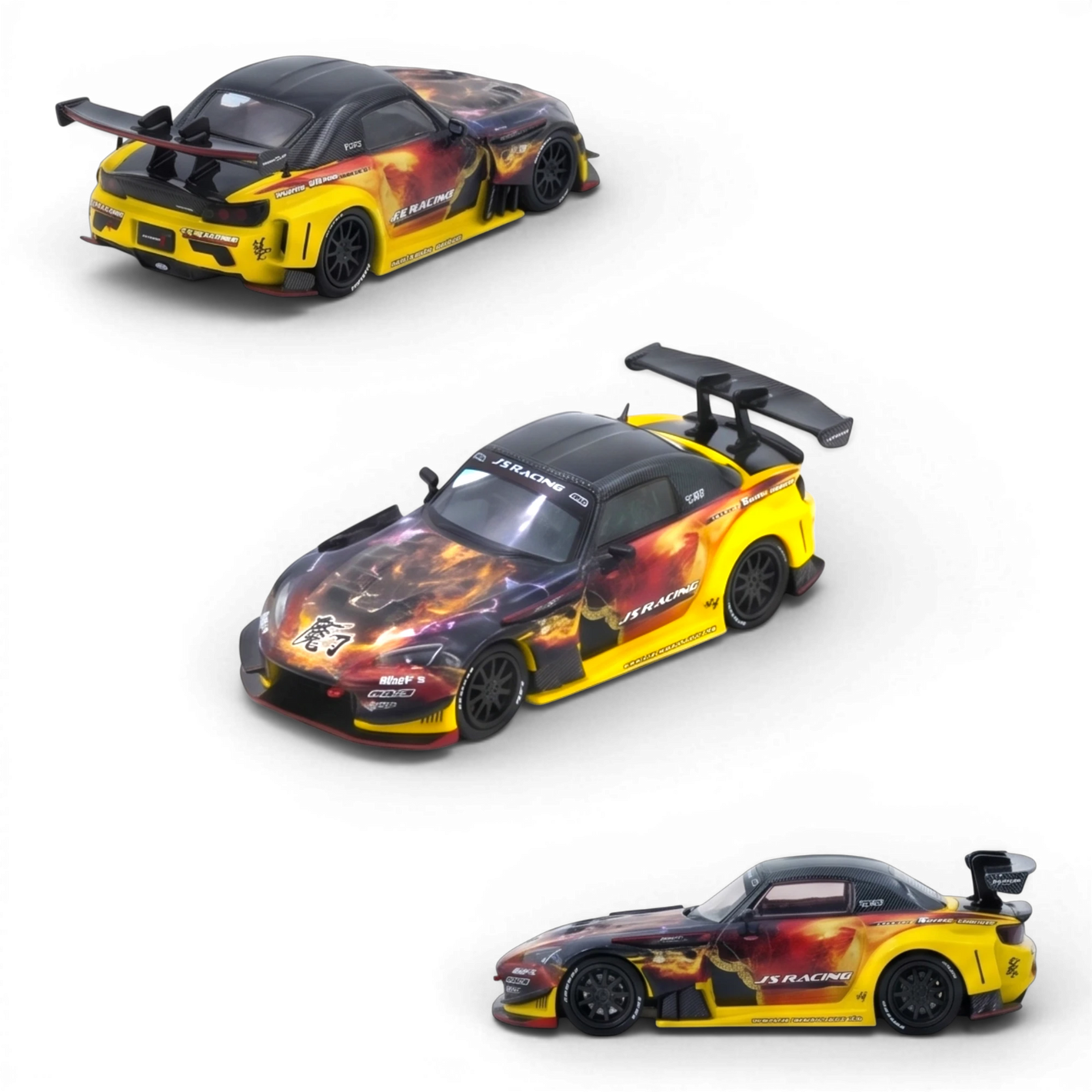 Lot57 Supplies Diecast Shop: Yellow 1:64 scale INNO64 Honda S2000 J's Racing AP1 diecast model with flame graphics and large rear spoiler.