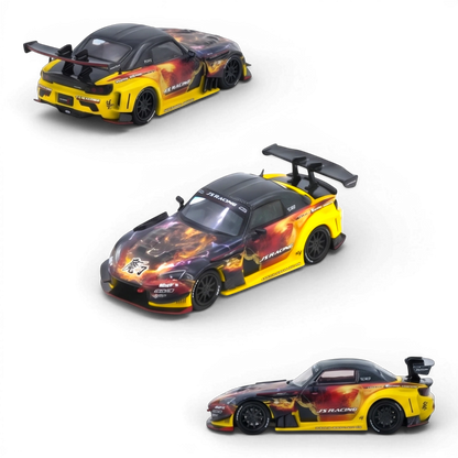 Lot57 Supplies Diecast Shop: Yellow 1:64 scale INNO64 Honda S2000 J's Racing AP1 diecast model with flame graphics and large rear spoiler.