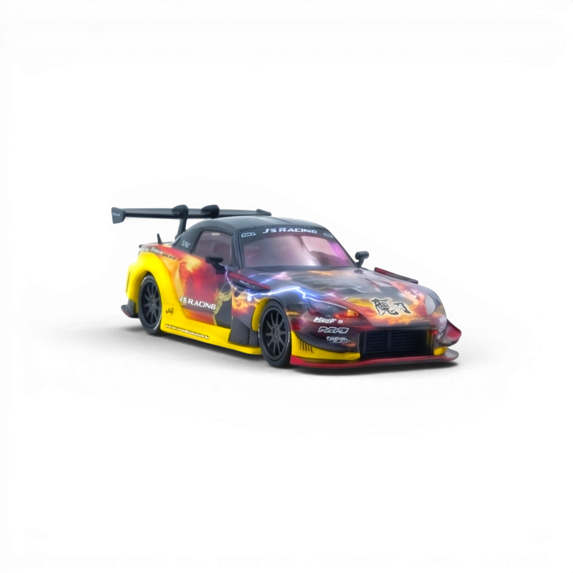 Lot57Supplies Diecast Shop 1:64 scale model of a yellow and purple Honda S2000 J's Racing AP1 with a flame and lightning graphic.