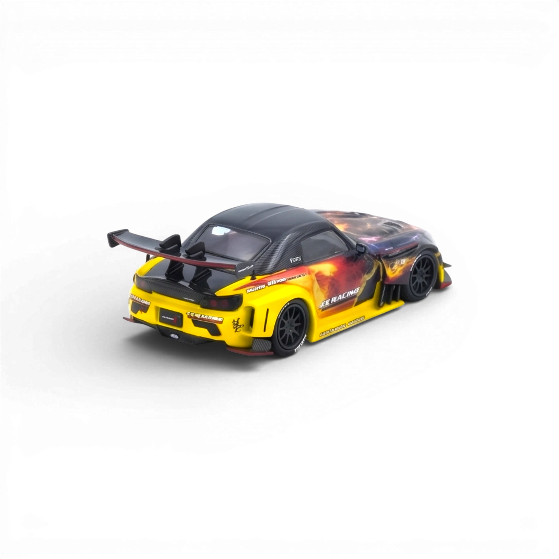 Lot57Supplies Diecast Shop yellow Honda S2000 J's Racing AP1 1:64 scale model with flame graphics and carbon fiber roof.