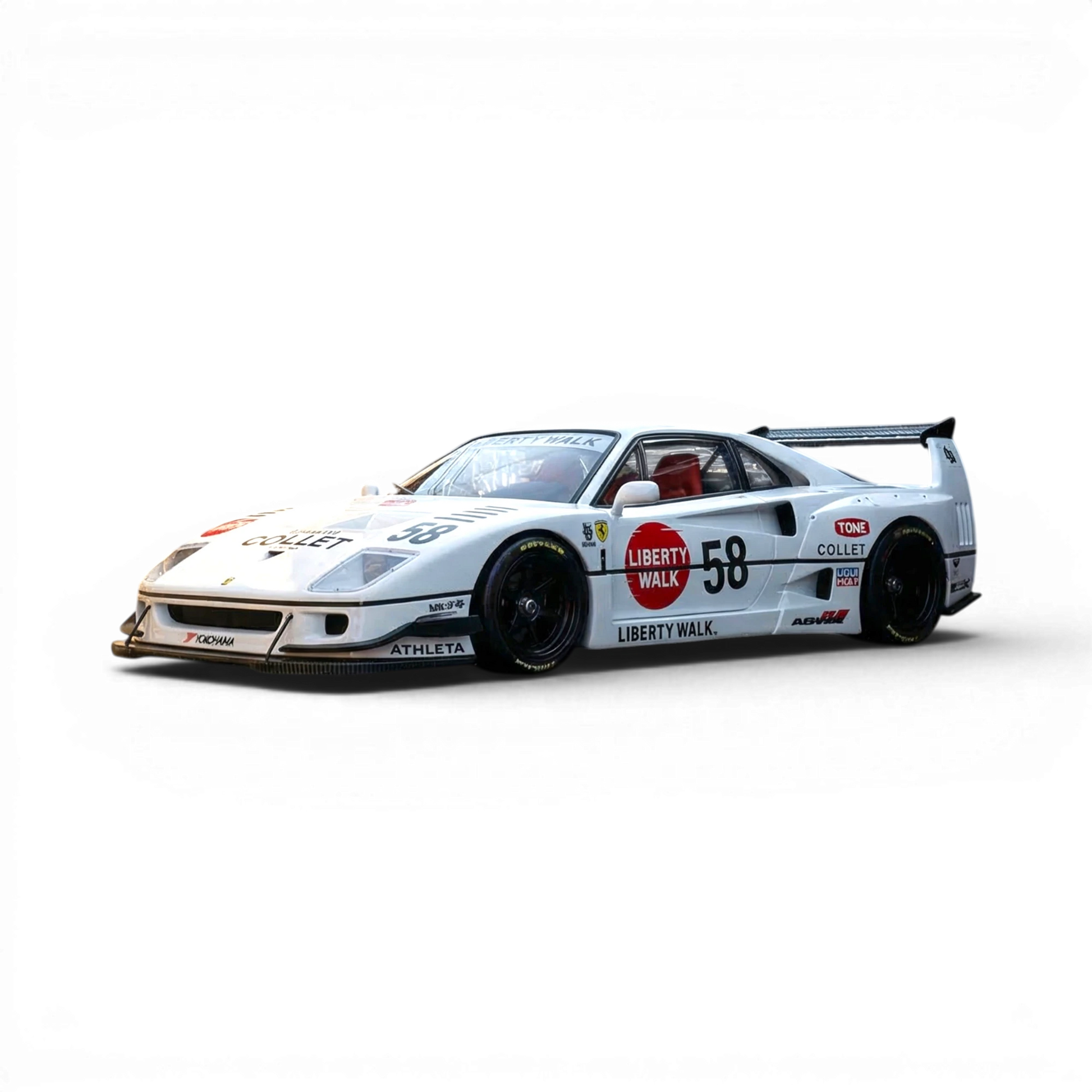 Lot57Supplies Diecast Shop white 1:64 scale INNO64 LBWK Ferrari F40 Collet diecast model with red interior and racing decals.