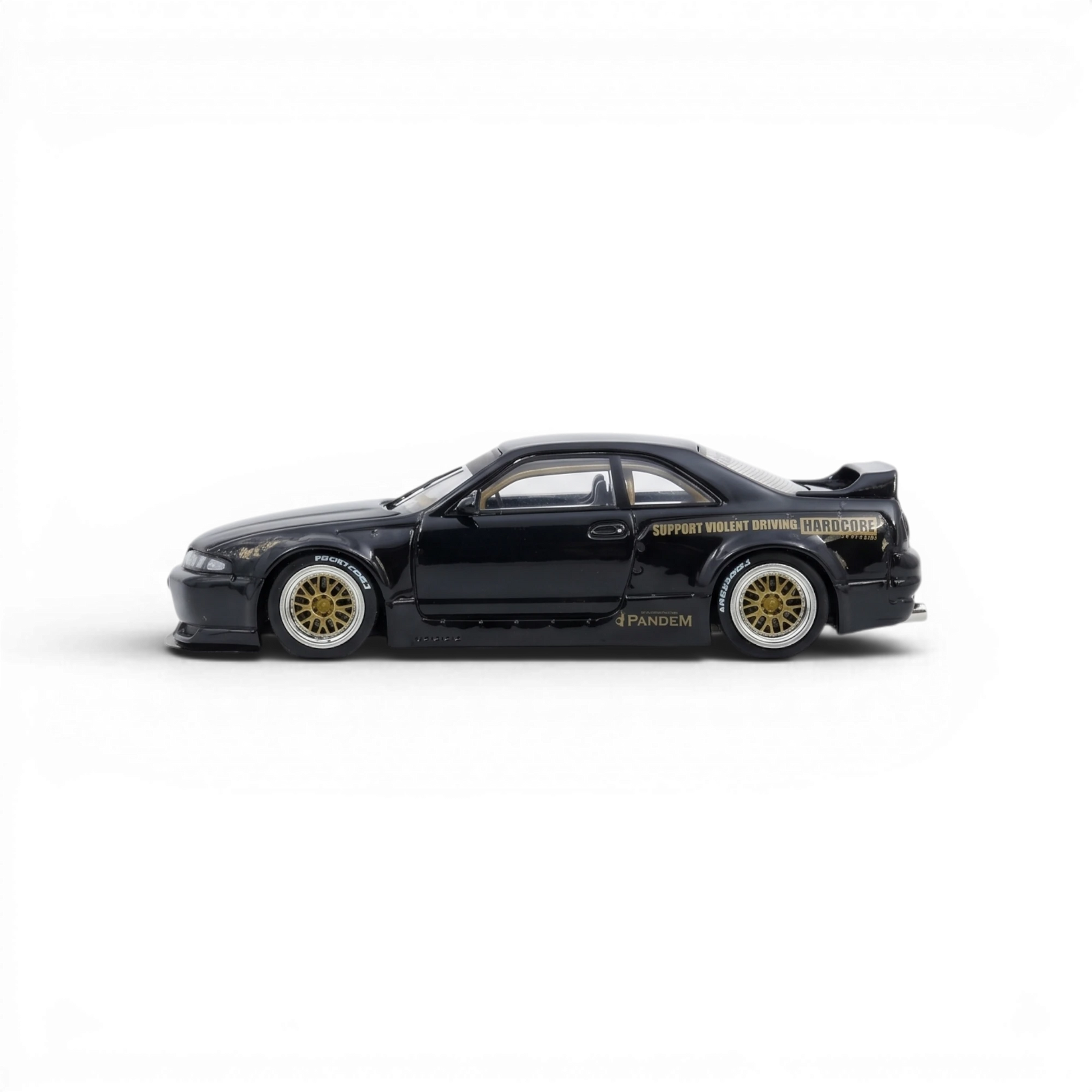 Lot57Supplies Diecast Shop black 1:64 scale Inno64 PANDEM GT-R (BCNR33) with wide body kit and gold wheels.