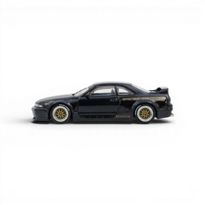 Lot57Supplies Diecast Shop black 1:64 scale Inno64 PANDEM GT-R (BCNR33) with wide body kit and gold wheels.