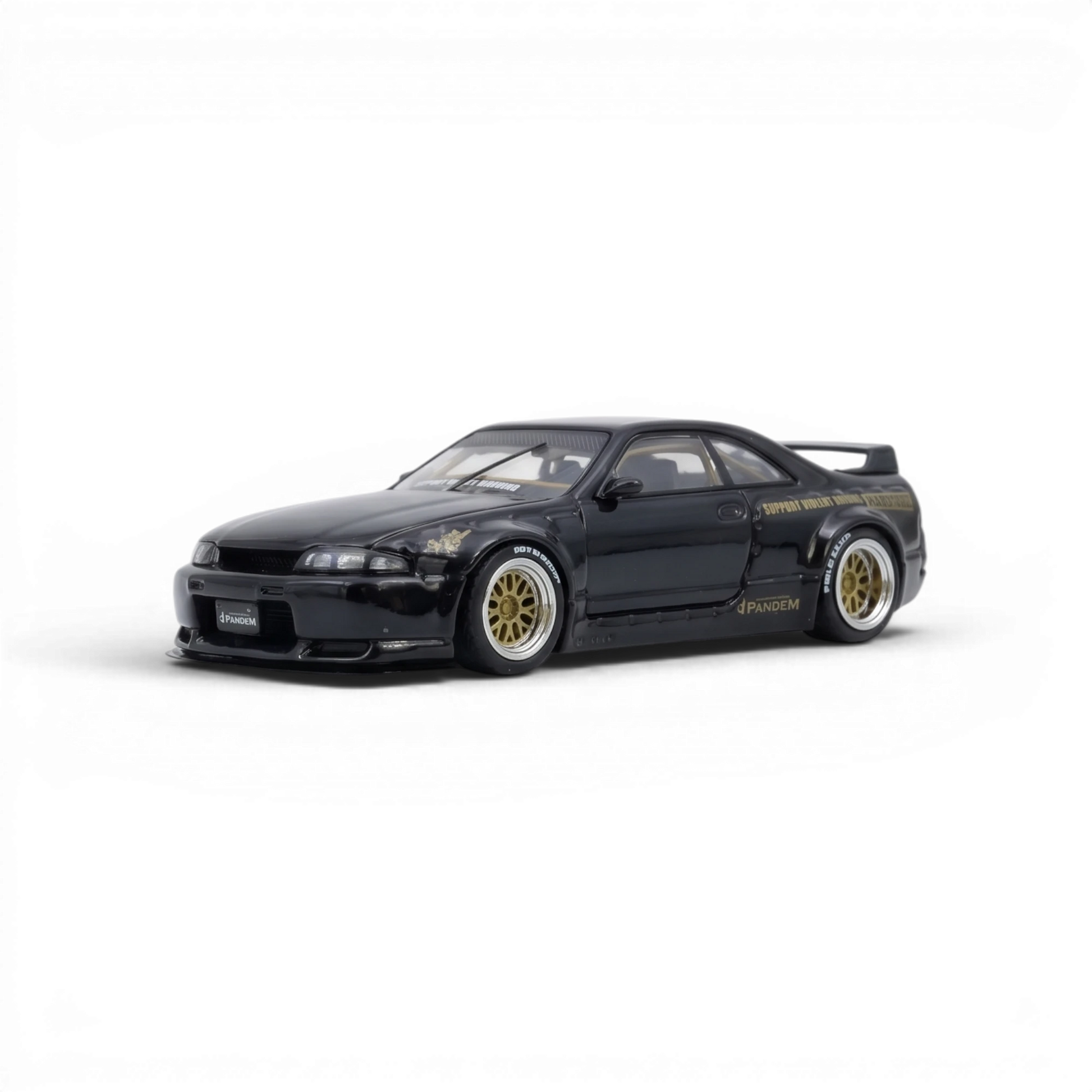 Lot57Supplies Diecast Shop black 1:64 scale Inno64 PANDEM GT-R (BCNR33) with gold wheels and wide body kit.