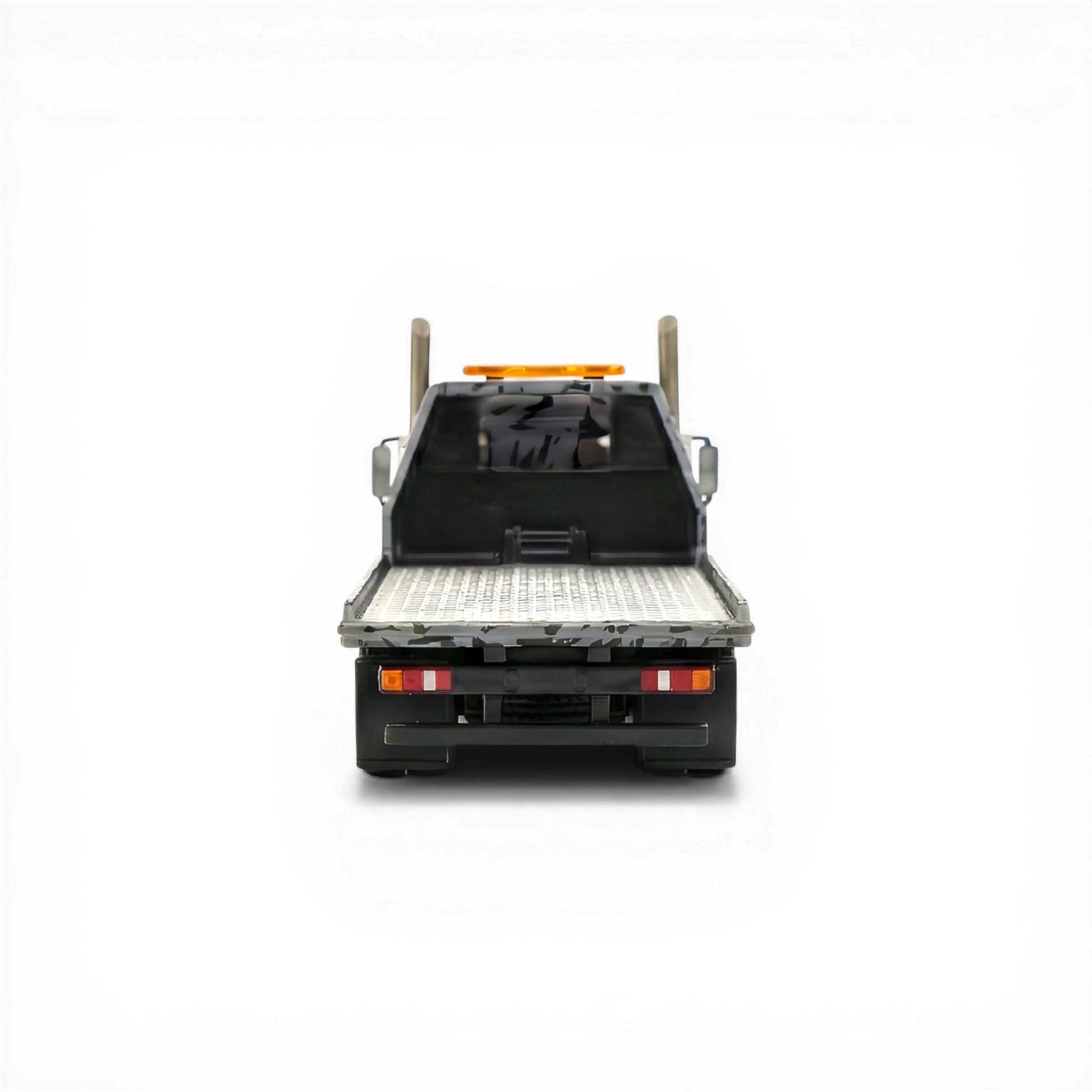 Lot57Supplies Diecast Shop SW KamaZ tow truck, 1:64 scale, diecast metal, grey camouflage livery, flatbed with retractable tailgate.