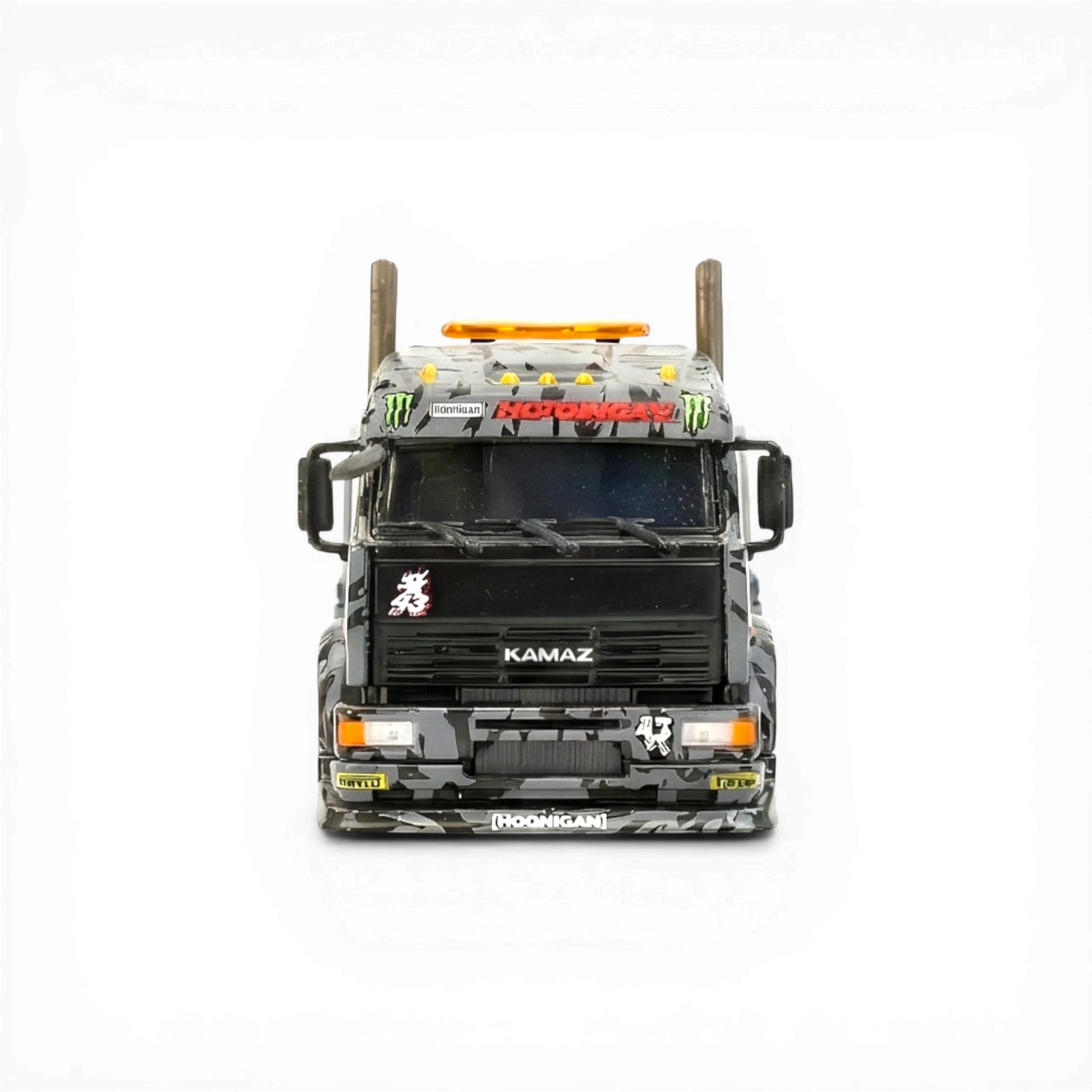 Lot57Supplies Diecast Shop SW KamaZ tow truck, 1:64 scale, camouflage livery, Monster Energy claw graphics, flatbed design.