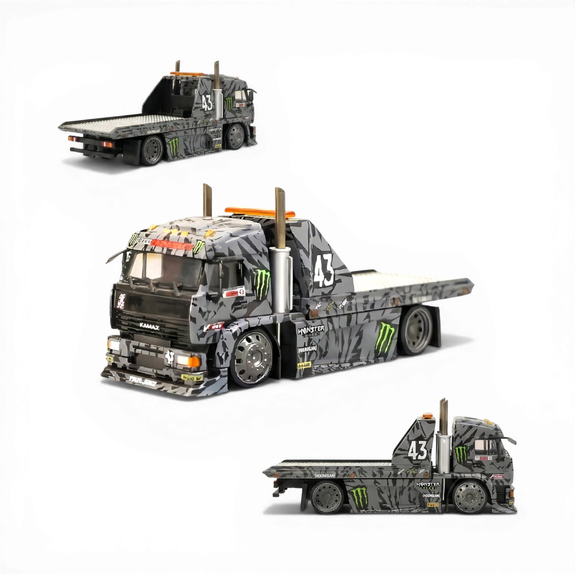 Lot57Supplies Diecast Shop: SW KamaZ tow truck, 1:64 scale, diecast, grey camouflage livery, Monster Energy graphics, flatbed.