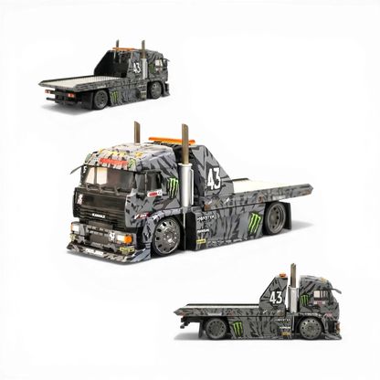 Lot57Supplies Diecast Shop: SW KamaZ tow truck, 1:64 scale, diecast, grey camouflage livery, Monster Energy graphics, flatbed.