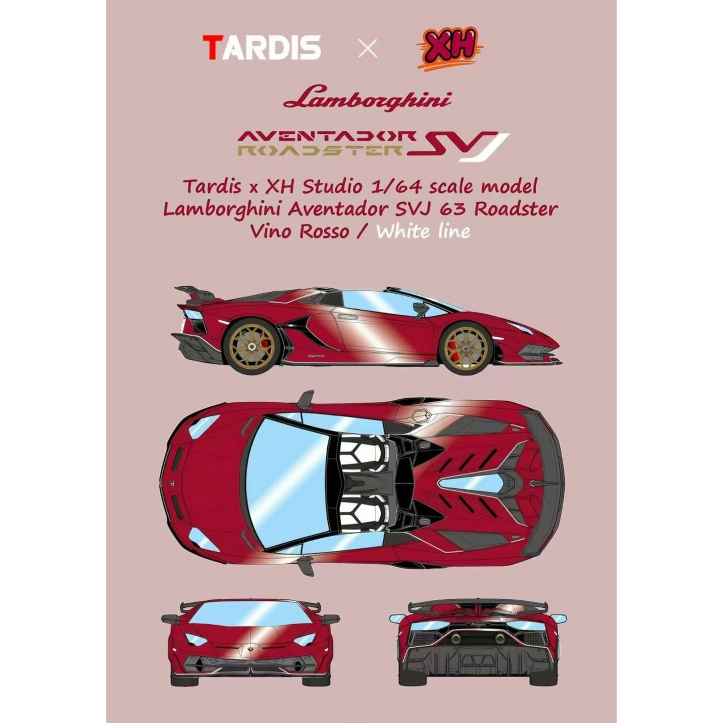 Lot57Supplies Diecast Shop TARDIS x XH Lamborghini Aventador SVJ Roadster, 1:64 scale, Vino Rosso red resin model with gold wheels.
