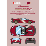 Lot57Supplies Diecast Shop TARDIS x XH Lamborghini Aventador SVJ Roadster, 1:64 scale, Vino Rosso red resin model with gold wheels.