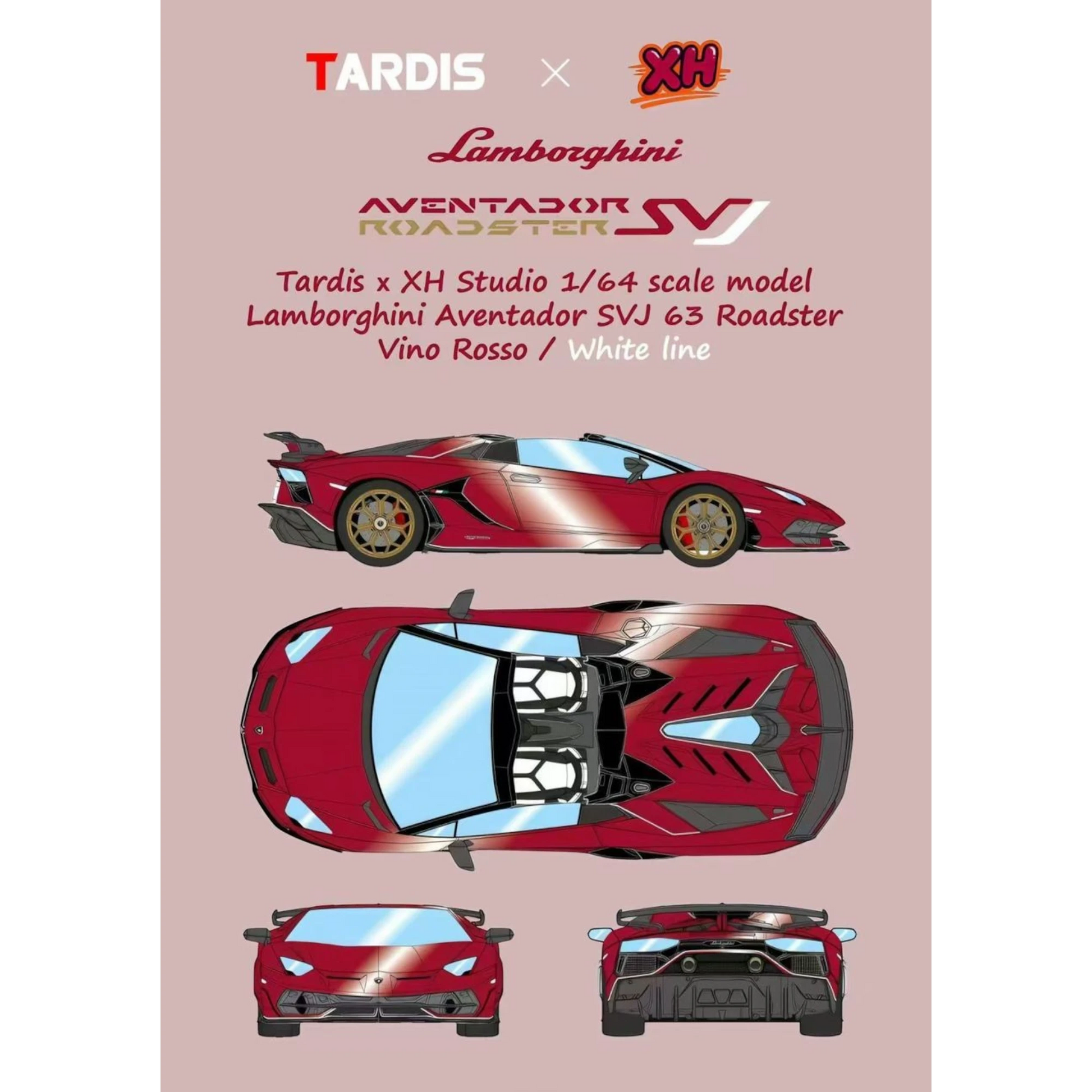 Lot57Supplies Diecast Shop TARDIS x XH Lamborghini Aventador SVJ Roadster, 1:64 scale, Vino Rosso red resin model with gold wheels.