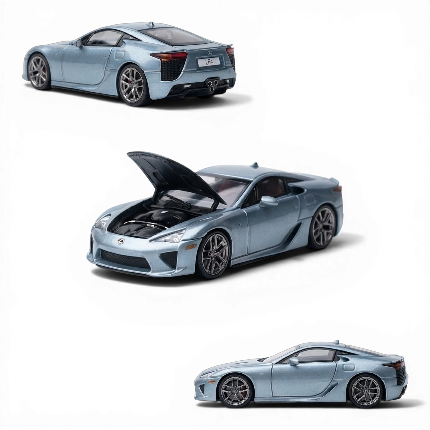 Lot57Supplies Diecast Shop Glacier Blue Lexus LFA 1:64 scale model with opening hood and engine detail.