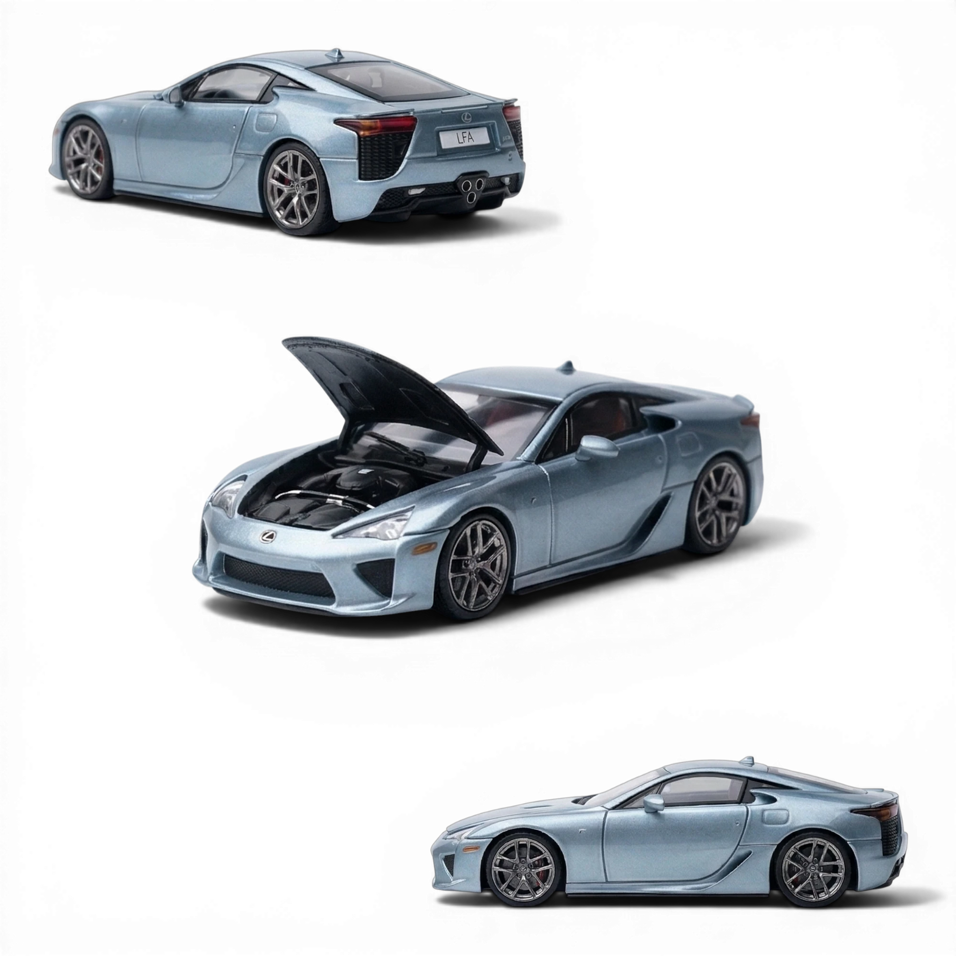 Lot57Supplies Diecast Shop Glacier Blue Lexus LFA 1:64 scale model with opening hood and engine detail.