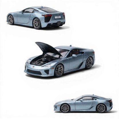 Lot57Supplies Diecast Shop Glacier Blue Lexus LFA 1:64 scale model with opening hood and engine detail.