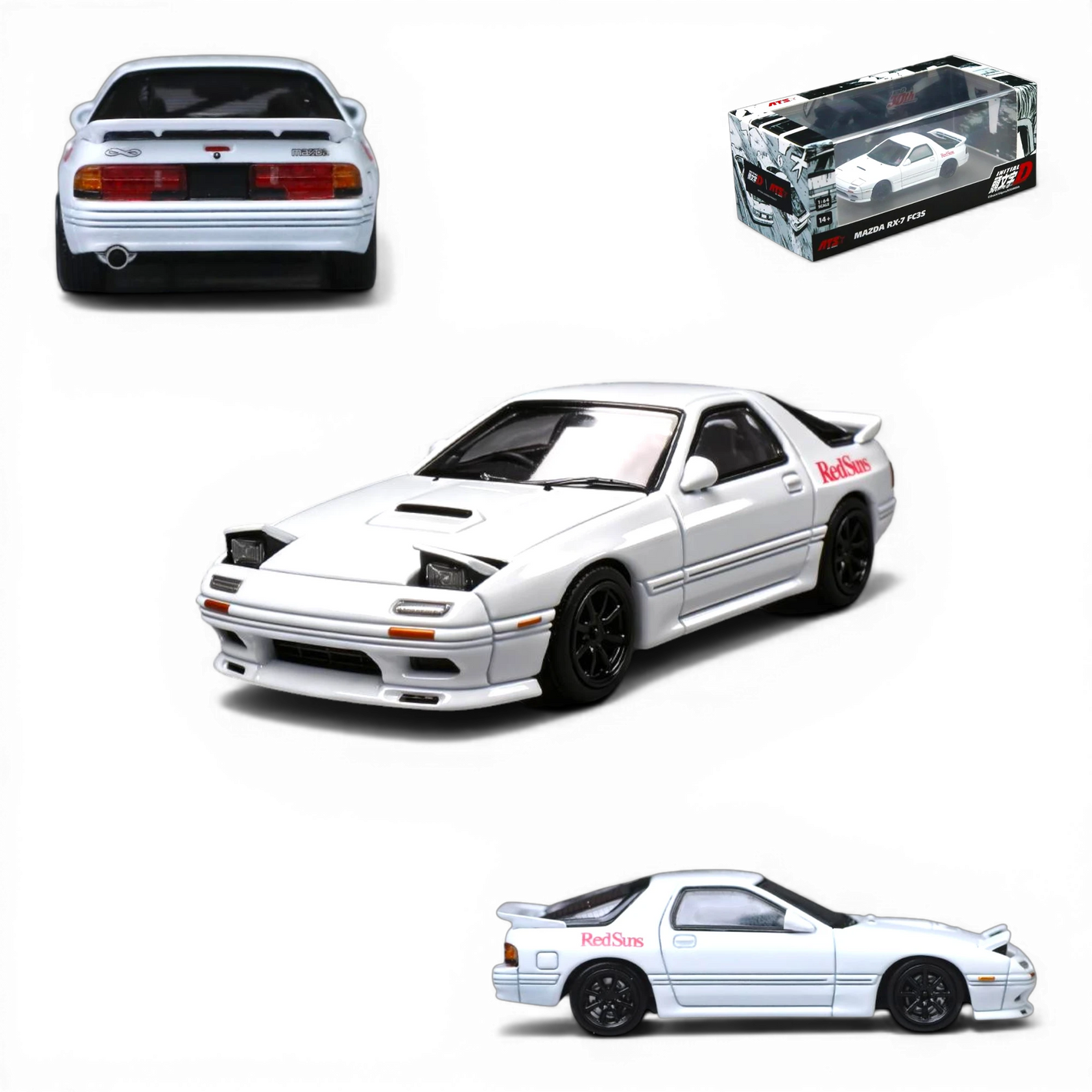 Lot57Supplies Diecast Shop 1:64 scale white Mazda RX-7 FC3S Initial D RedSuns model car.