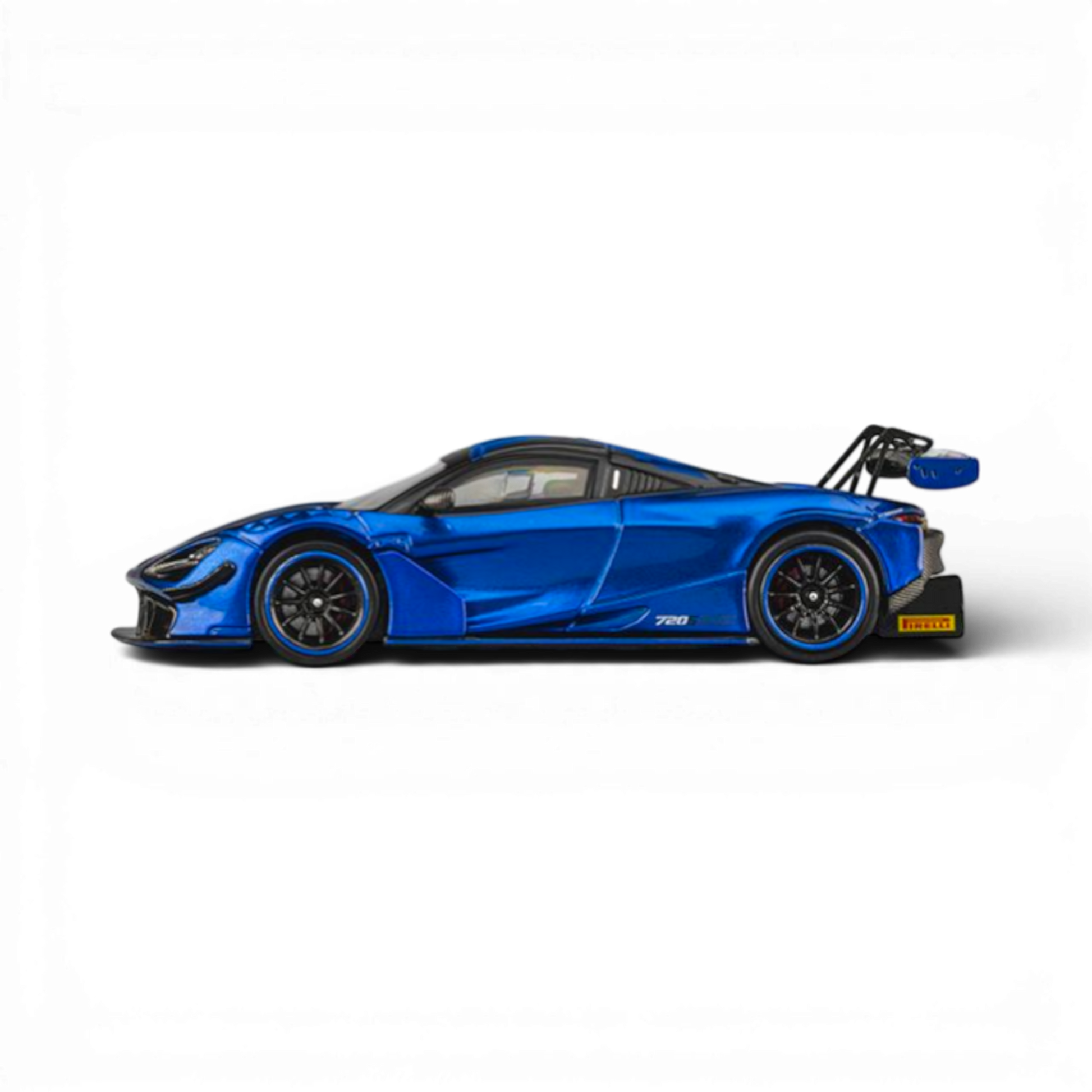 Lot57Supplies Diecast Shop 1:64 scale CM Model McLaren 720S GT3X in Aurora Blue with racing spoiler and Pirelli tires.
