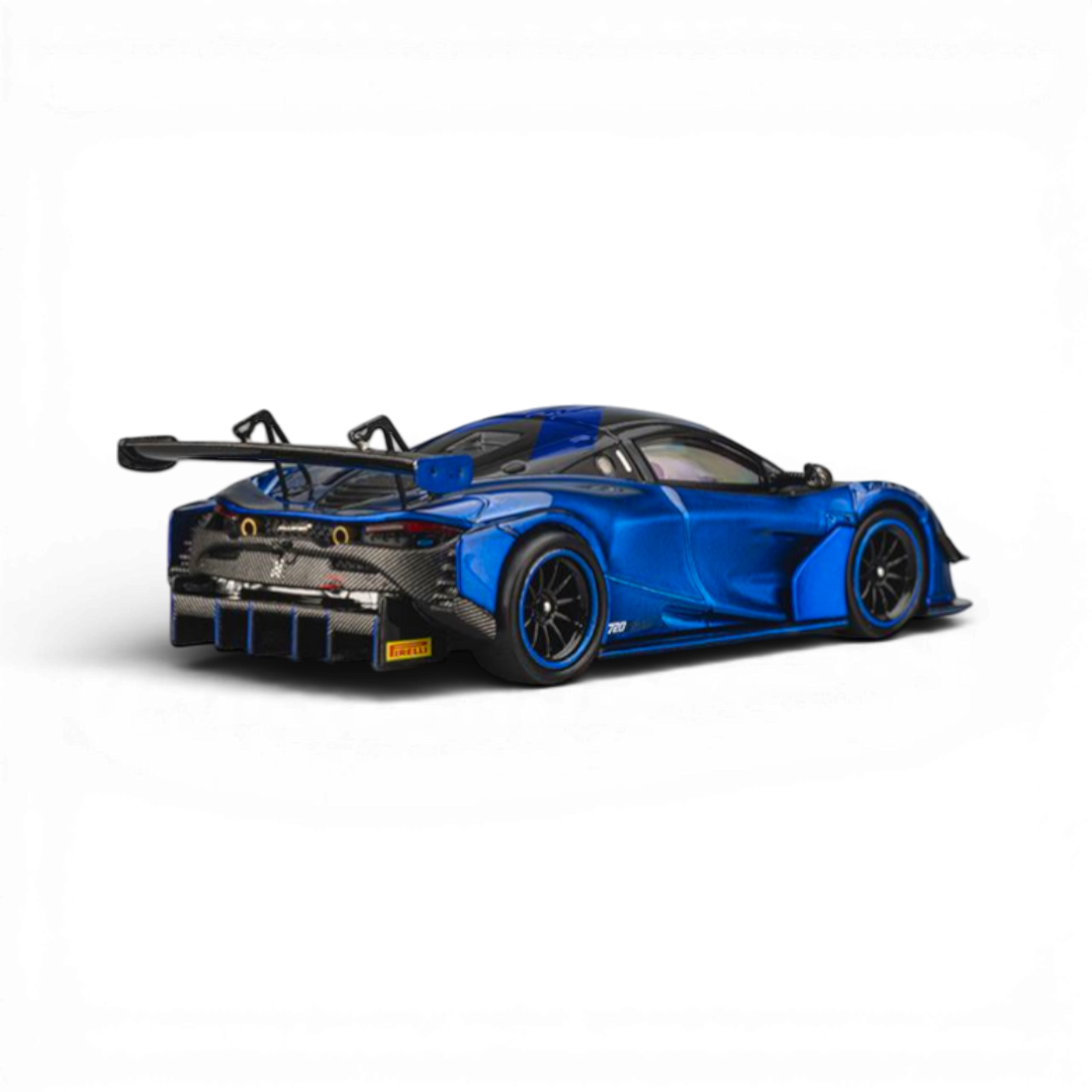 Lot57Supplies Diecast Shop 1:64 scale Aurora Blue McLaren 720S GT3X diecast model with large rear wing and carbon fiber accents.