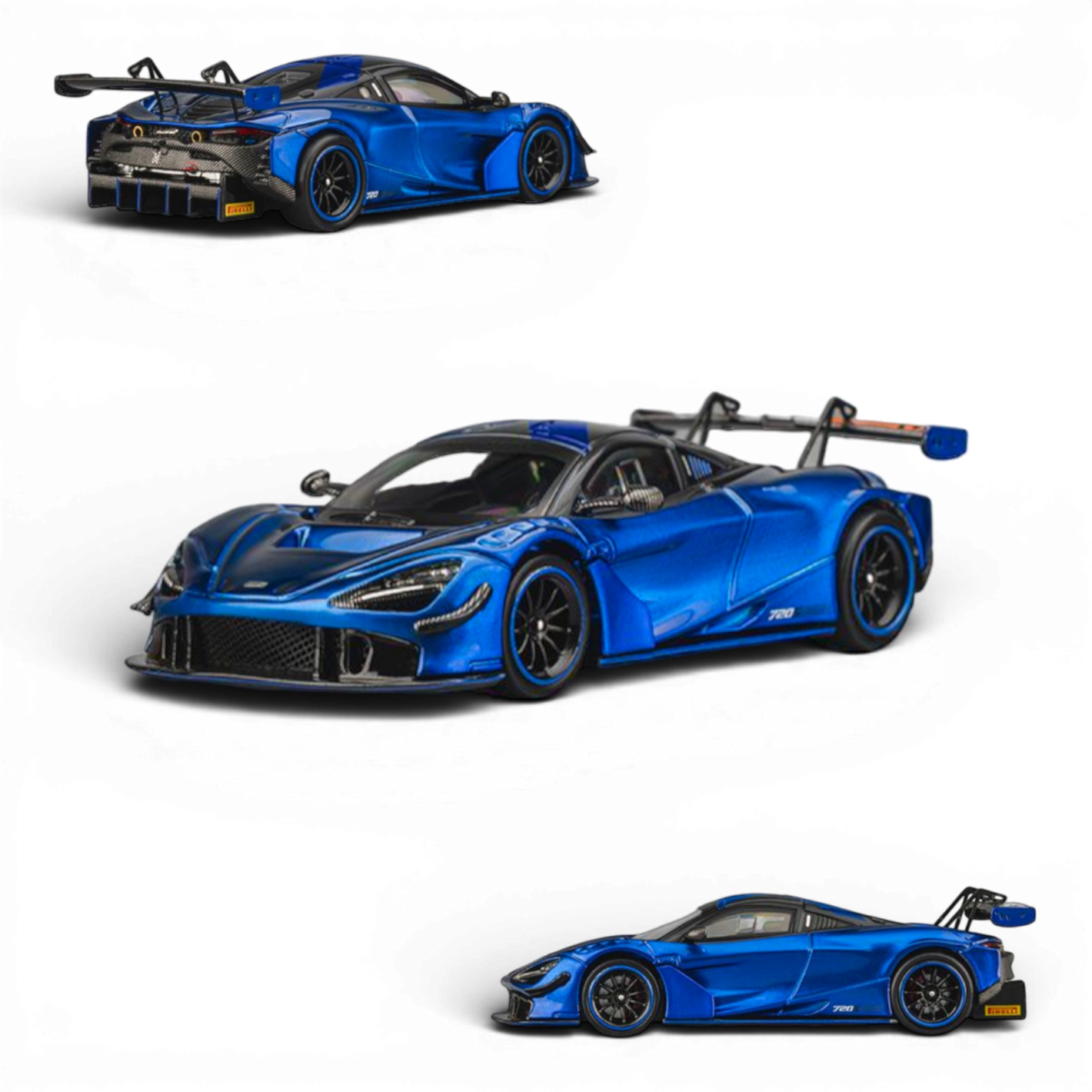 Lot57Supplies Diecast Shop 1:64 scale Aurora Blue McLaren 720S GT3X diecast model car with black accents and large rear wing.