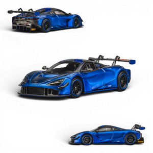 Lot57Supplies Diecast Shop 1:64 scale Aurora Blue McLaren 720S GT3X diecast model car with black accents and large rear wing.