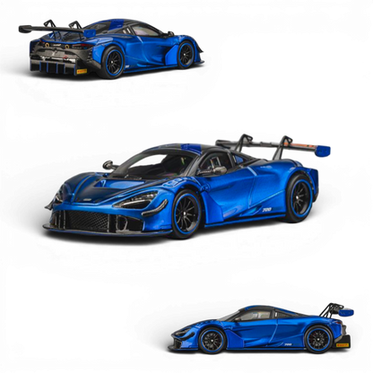 Lot57Supplies Diecast Shop 1:64 scale Aurora Blue McLaren 720S GT3X diecast model car with black accents and large rear wing.