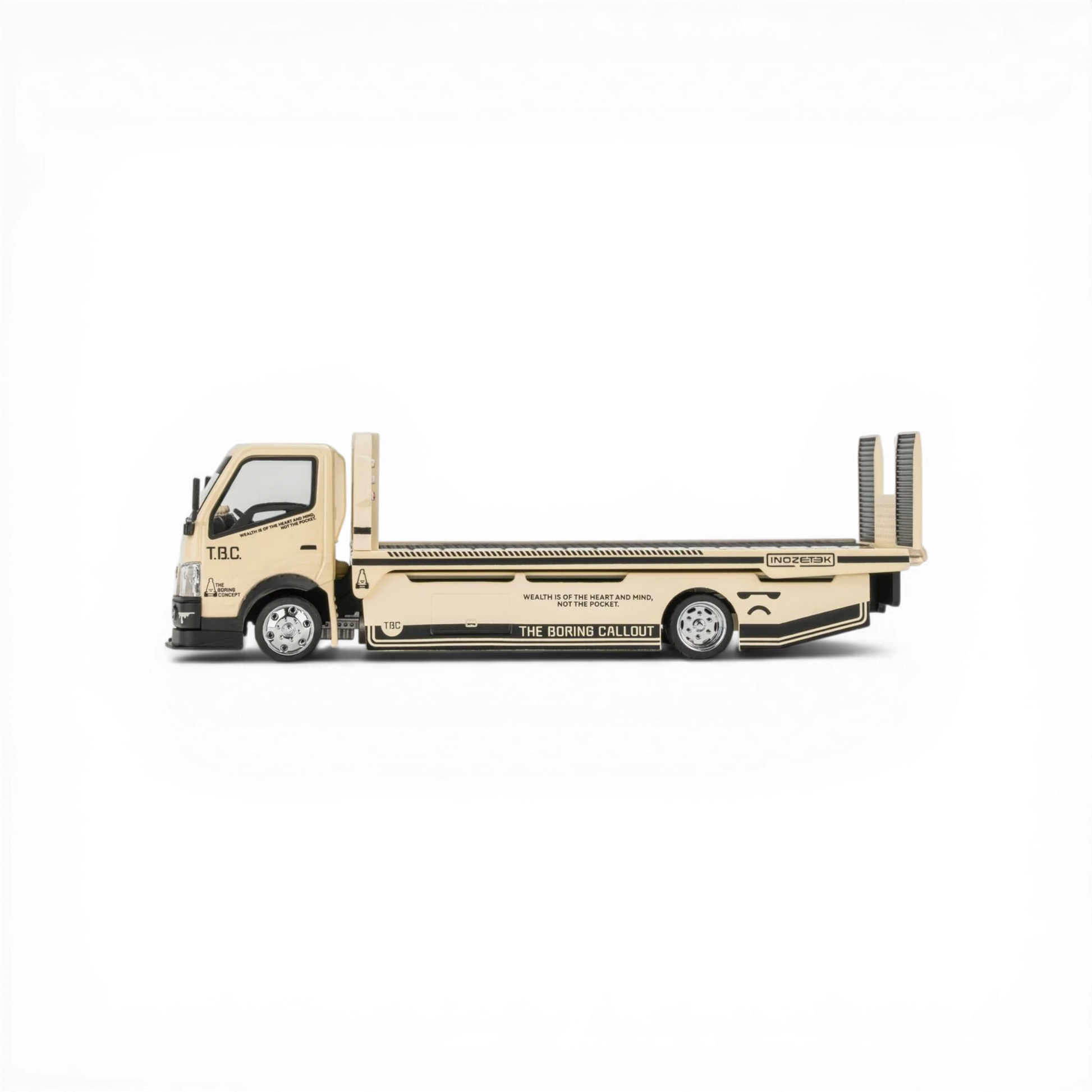 Lot57Supplies Diecast Shop: MicroTurbo 1:64 scale custom hauler in tan with TBC livery. Features dual trailer modes and custom wide-body kit.
