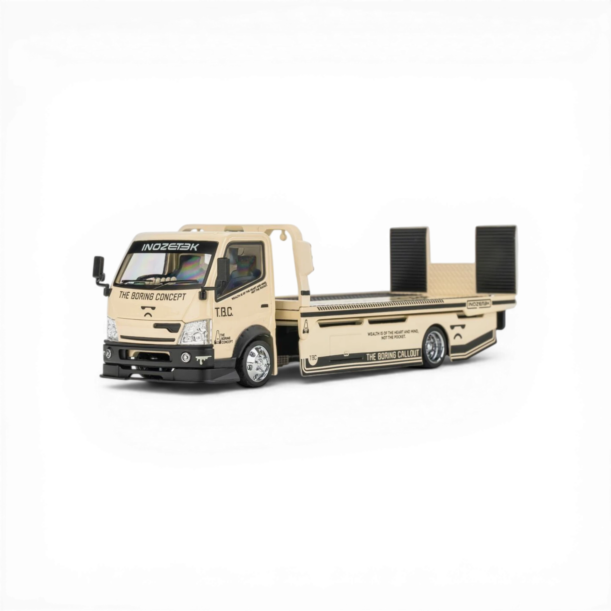 Lot57Supplies Diecast Shop 1:64 scale tan MicroTurbo Custom Hauler with TBC livery, dual trailer modes, and custom wide-body kit.