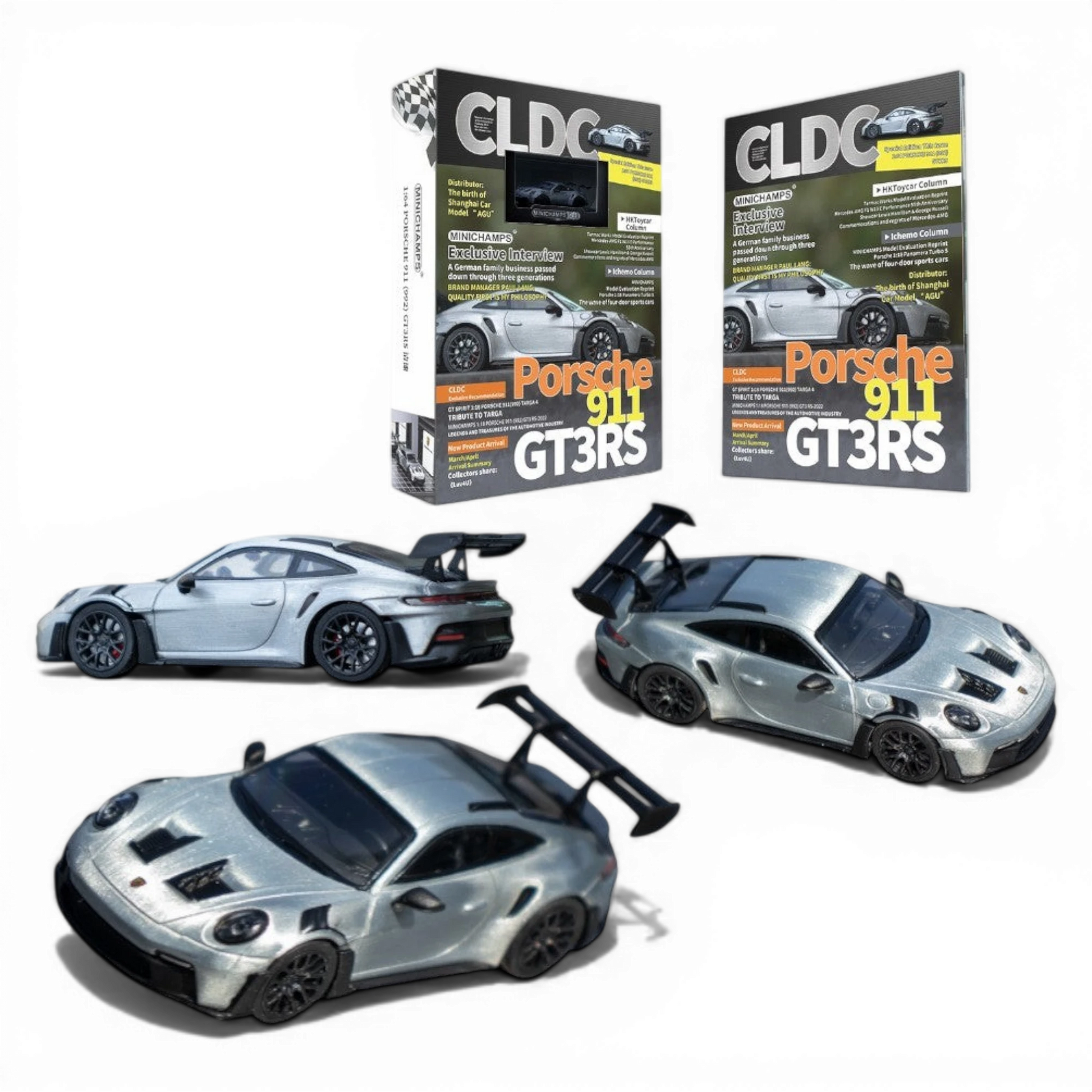 Lot57Supplies Diecast Shop Minichamps Porsche 911 GT3 RS 1:64 scale raw silver diecast model with large rear spoiler.
