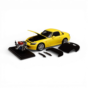 Lot57Supplies Diecast Shop 1:18 scale yellow Motorhelix Honda S2000 AP2 model with removable engine and body parts.