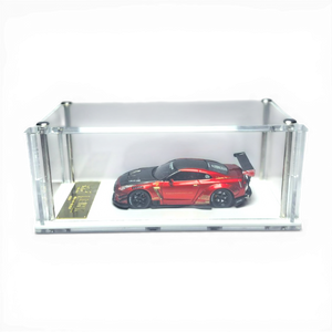 Lot57Supplies Diecast Shop MYC64 1:64 metallic red carbon LB Works GTR R35 Type 2.0 resin model car with widebody kit and display case.