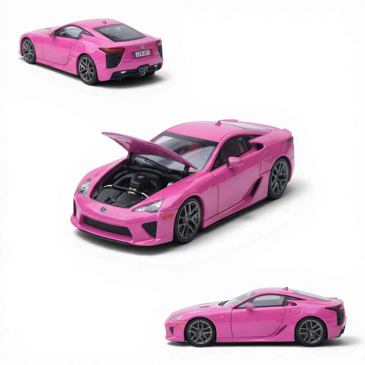 Lot57Supplies Diecast Shop neon pink 1:64 Lexus LFA diecast model with opening hood and engine detail.