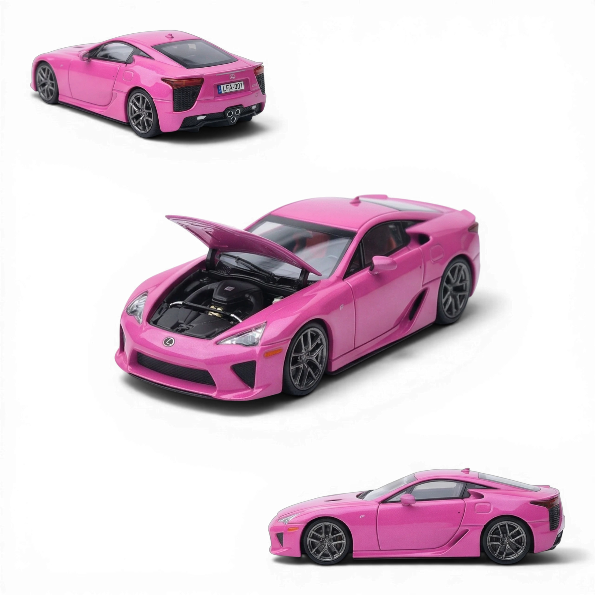 Lot57Supplies Diecast Shop neon pink 1:64 Lexus LFA diecast model with opening hood and engine detail.