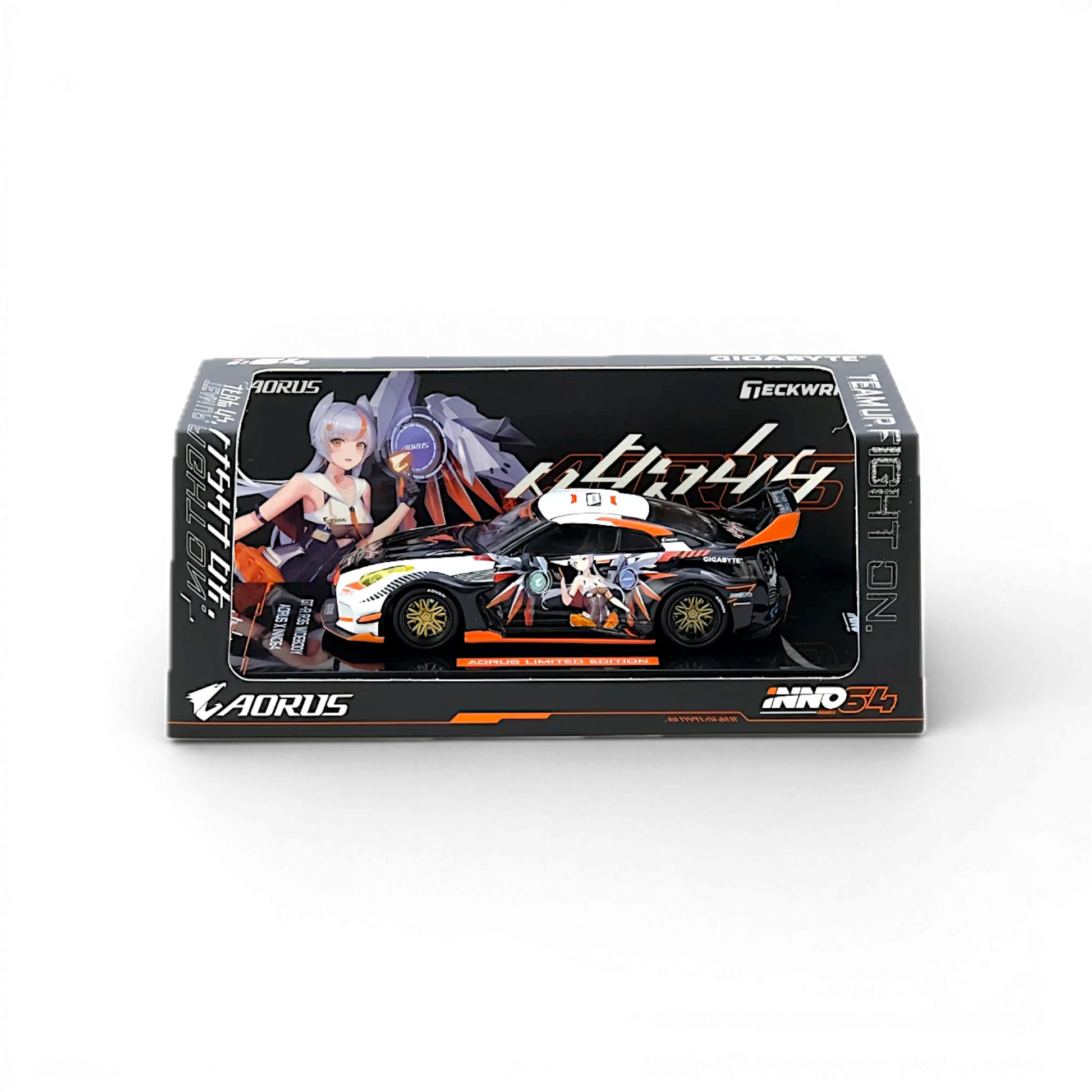 Lot57Supplies Diecast Shop: 1:64 scale diecast model of a Nissan GT-R R35 LB Silhouette with Aorus livery, featuring anime graphics and an orange rear spoiler.