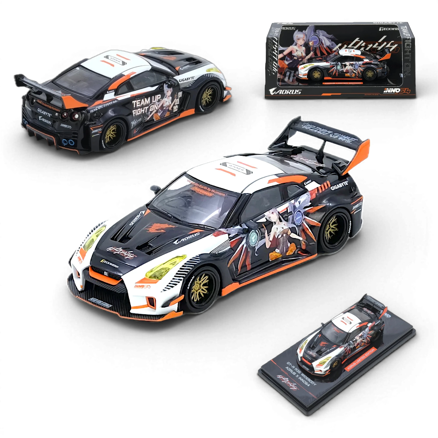 Lot57 Supplies Diecast Shop: 1:64 scale diecast model of a Nissan GT-R R35 LB Silhouette Aorus with anime livery, black, white, and orange.