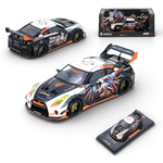 Lot57 Supplies Diecast Shop: 1:64 scale diecast model of a Nissan GT-R R35 LB Silhouette Aorus with anime livery, black, white, and orange.