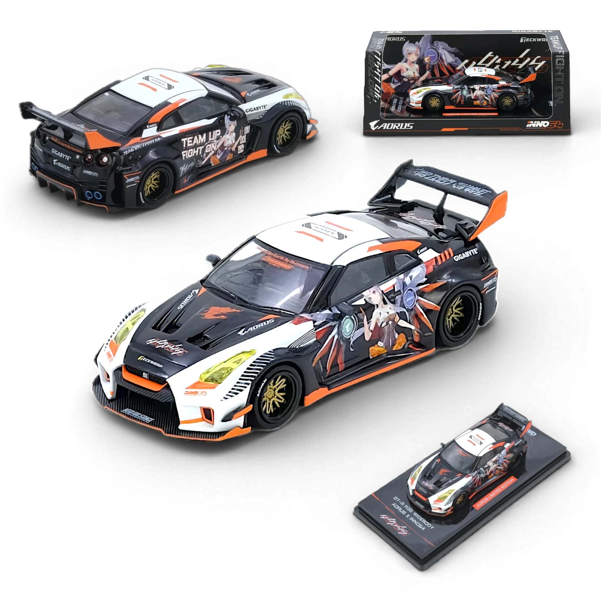 Lot57 Supplies Diecast Shop: 1:64 scale diecast model of a Nissan GT-R R35 LB Silhouette Aorus with anime livery, black, white, and orange.