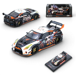 Lot57 Supplies Diecast Shop: 1:64 scale diecast model of a Nissan GT-R R35 LB Silhouette Aorus with anime livery, black, white, and orange.