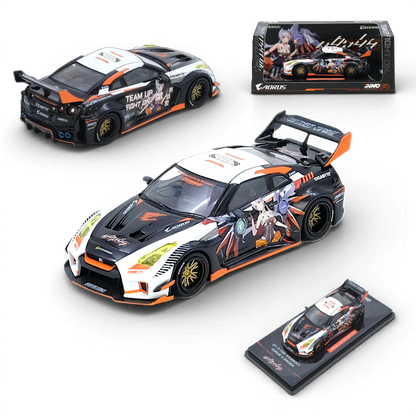 Lot57 Supplies Diecast Shop: 1:64 scale diecast model of a Nissan GT-R R35 LB Silhouette Aorus with anime livery, black, white, and orange.