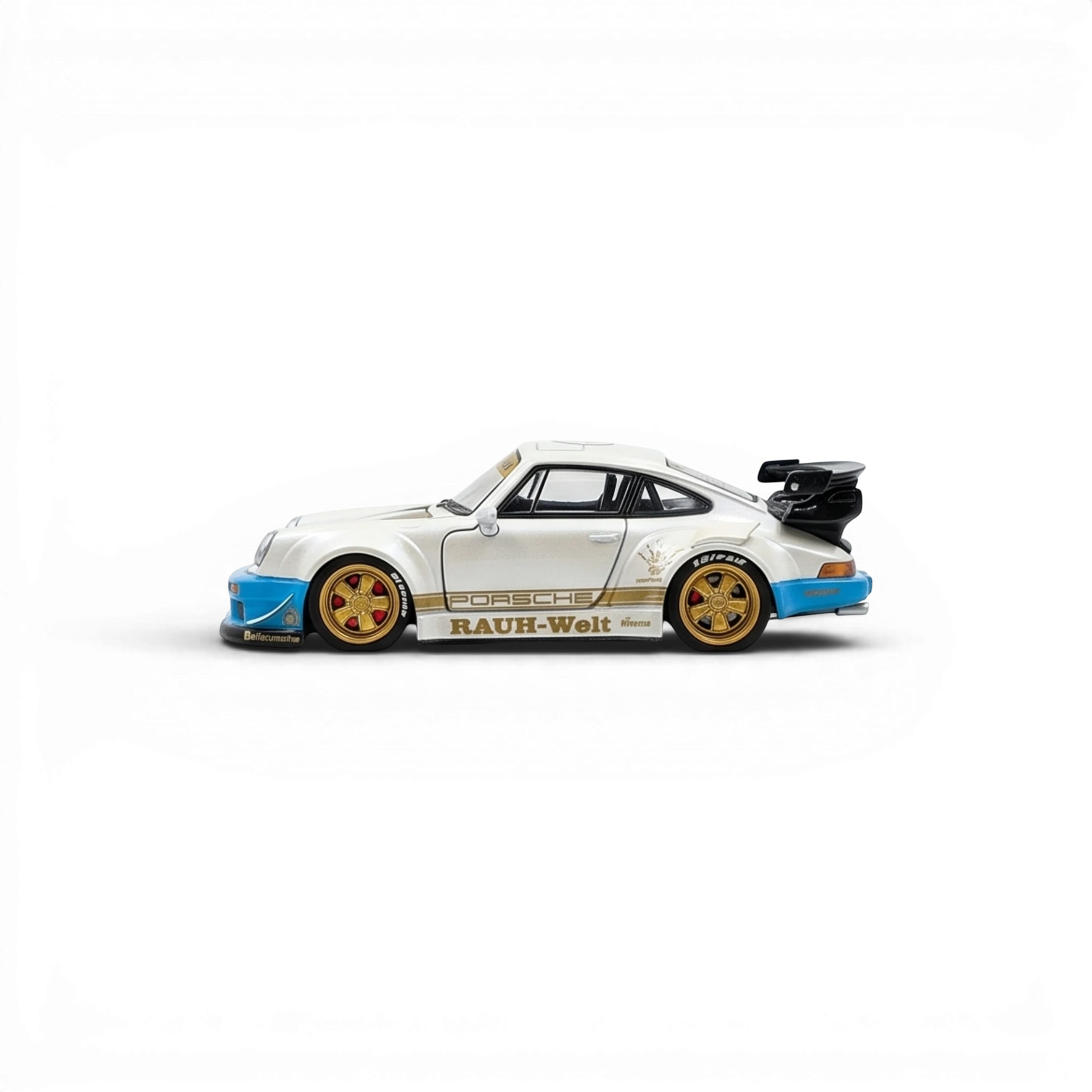 Lot57Supplies Diecast Shop 1:64 scale matte white PGM RWB 930 model car with gold wheels and blue accents.