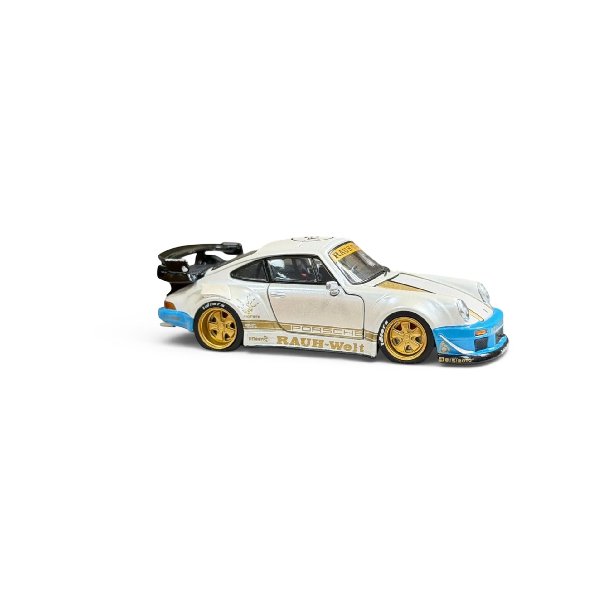 Lot57Supplies Diecast Shop 1:64 scale matte white PGM RWB 930 luxury version diecast model car with gold wheels and blue accents.
