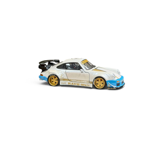 Lot57Supplies Diecast Shop 1:64 scale matte white PGM RWB 930 luxury version diecast model car with gold wheels and blue accents.