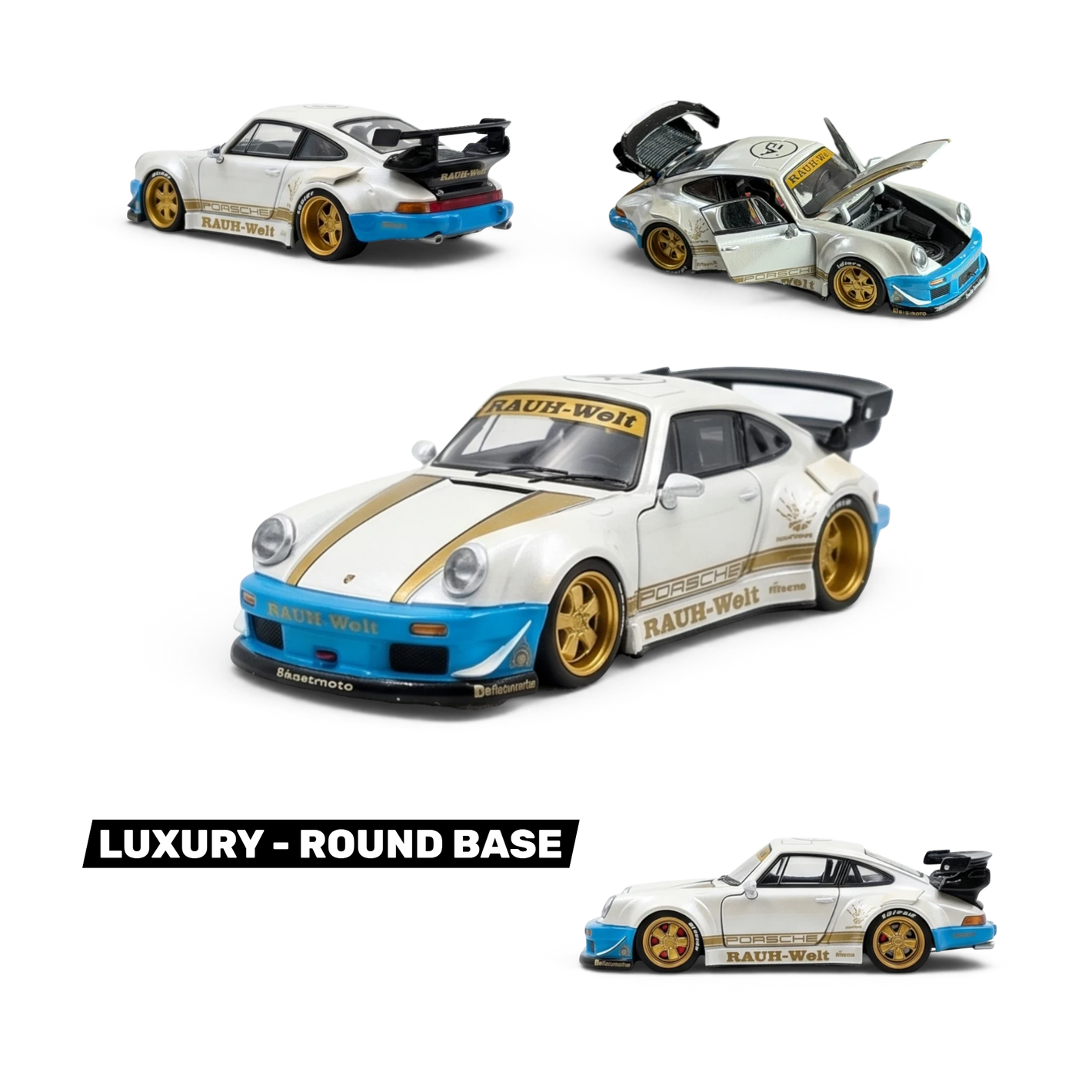 Lot57Supplies Diecast Shop: Matte white 1:64 scale PGM RWB 930 luxury diecast model car with gold accents and blue trim.