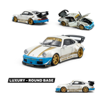 Lot57Supplies Diecast Shop: Matte white 1:64 scale PGM RWB 930 luxury diecast model car with gold accents and blue trim.