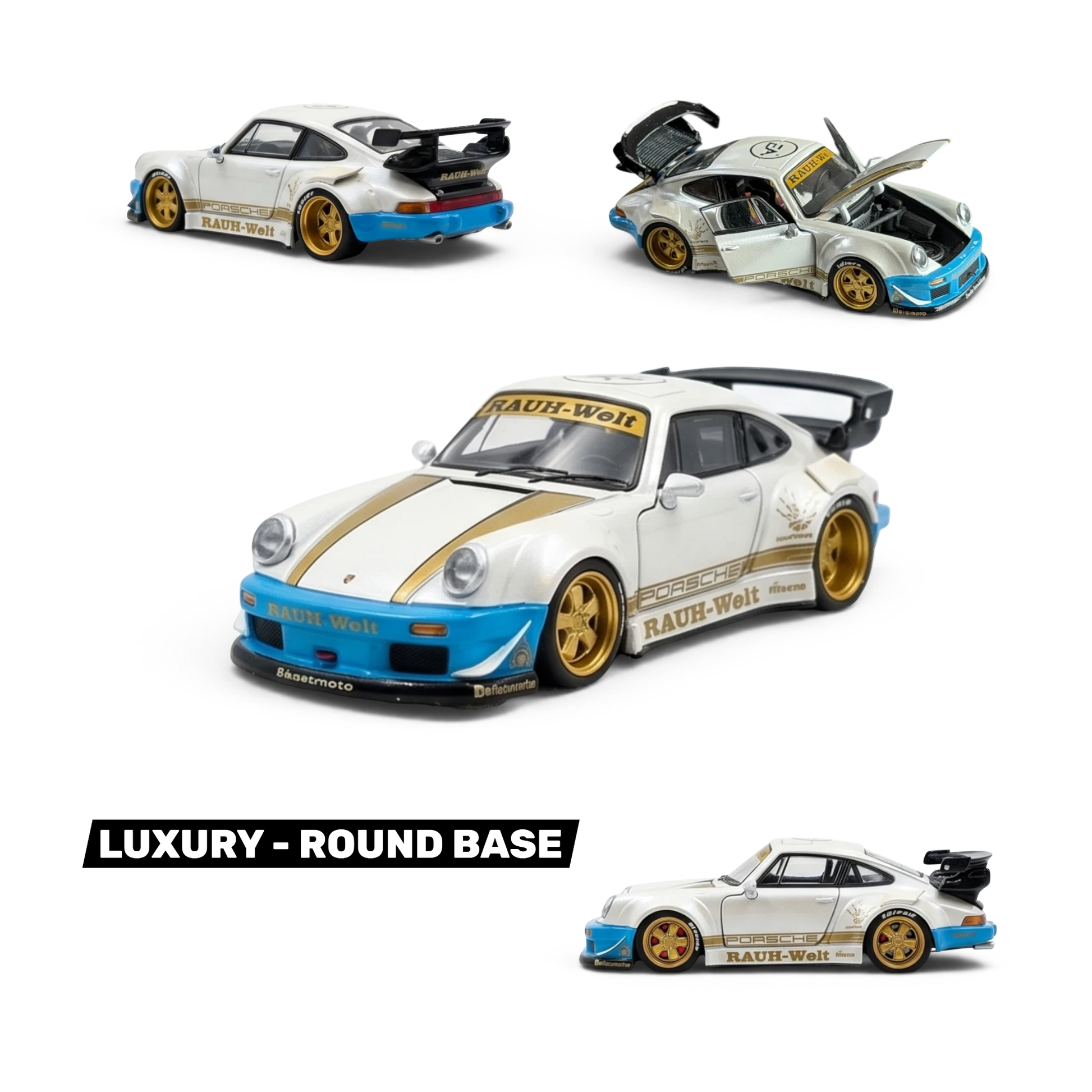 Lot57Supplies Diecast Shop: Matte white 1:64 scale PGM RWB 930 luxury diecast model car with gold accents and blue trim.